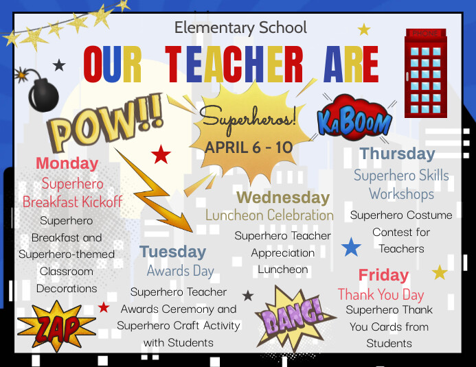 superhero-teacher-appreciation-week-itinerary-template-postermywall for Superhero Teacher Appreciation Free Printables Superhero Teacher Appreciation Week Itinerary Template | PosterMyWall for Superhero Teacher Appreciation Free Printables
