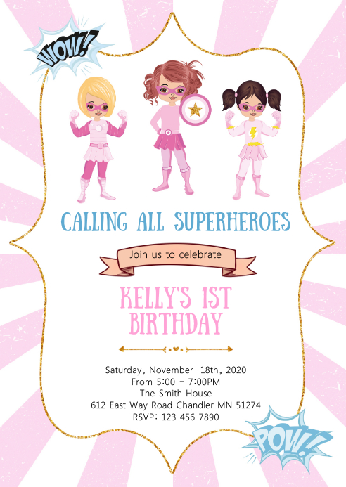 Superheroes birthday party invitation A6 template