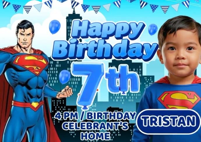 Blue Superman Birthday Party A4 Template | PosterMyWall