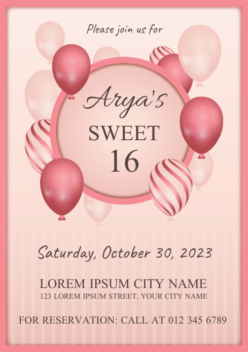 Sweet 16 Birthday Invitation Card A4 template