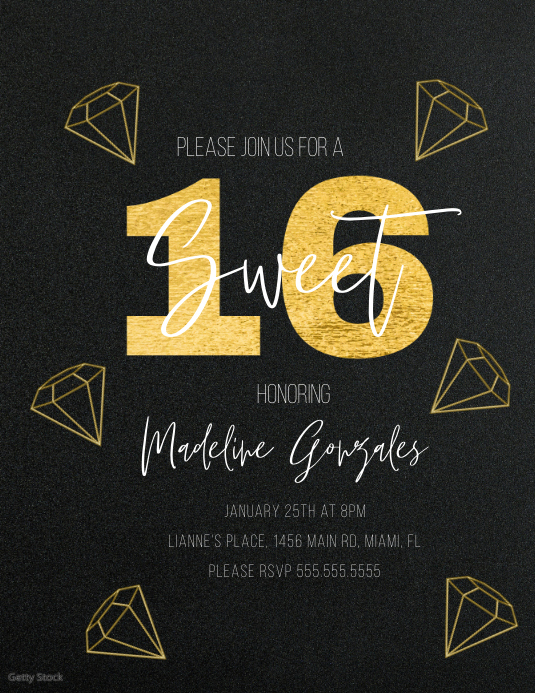 Sweet 16 Gold Foil Diamond Invitation Ulotka (US Letter) template