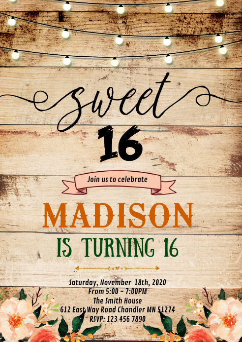 Sweet 16th birthday invitation A6 template