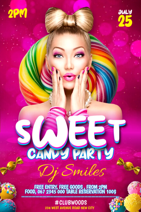 Sweet candy party lollipop sweets themed birthday party event invitation flyer template Facebook Cartaz