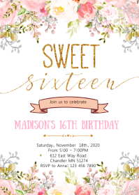 Sweet sixteen birthday party invitation A6 template