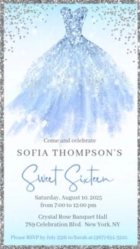 Sweet Sixteen blue dress, silver glitter invitation template Instagram Story