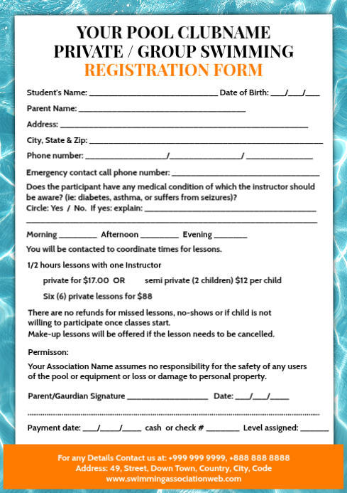 Swimming Registration Form Template A4