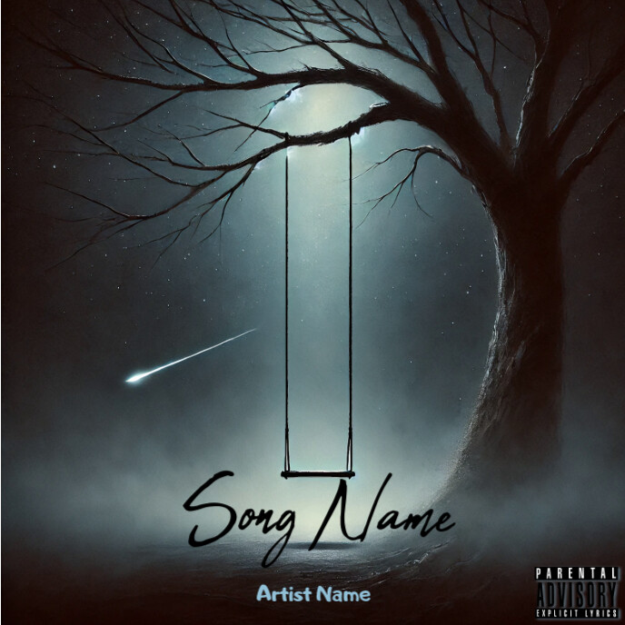 Swing Hanging From A Large Barren Tree Branch Under A Night Sky Album Cover template