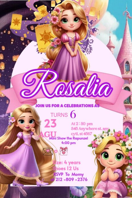 Tangled invitation happy Brithday party temple flayer editablet celebration kids Disney princess Affiche template