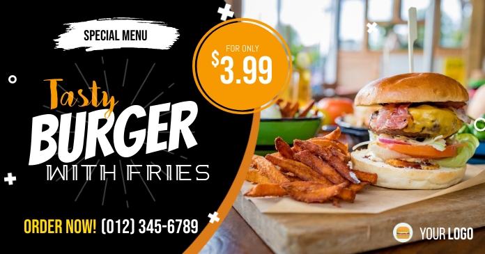 Tasty Burger with Fries Social Media Post Tem Facebook Shared Image template