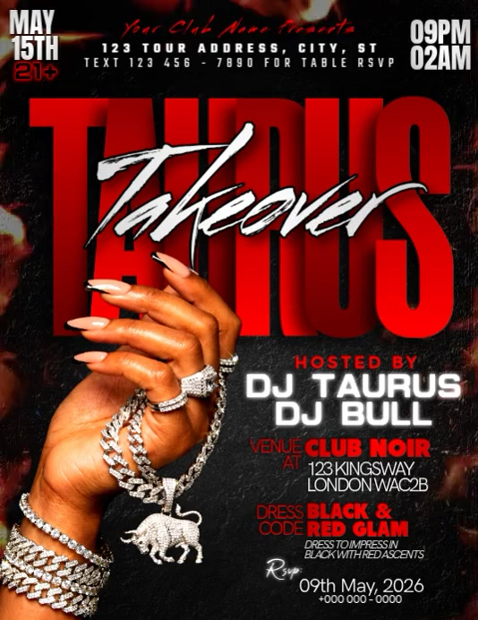 Taurus Takeover Red Club Flyer Template | PosterMyWall