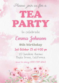 Tea Party Birthday Invite, PINK tea invitation A6 template