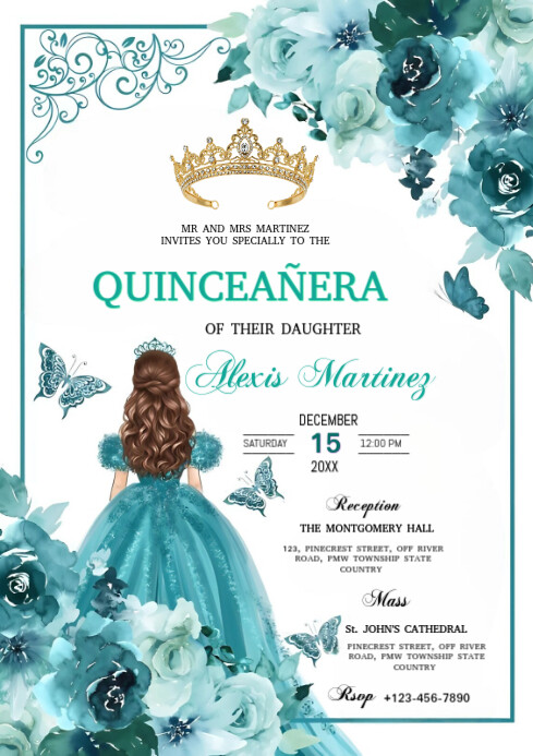 Teal Floral Quinceañera Party Invitation Template  A4