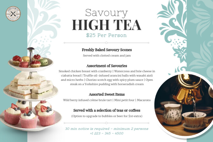 Teal Hi-tea Menu Poster Landscape Template | PosterMyWall