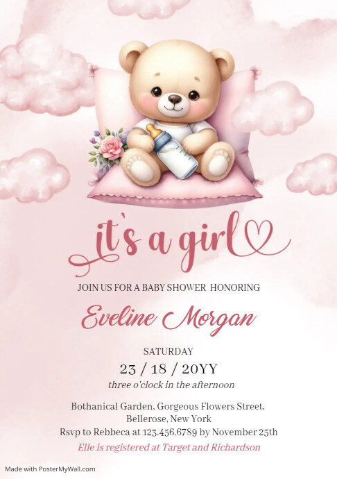 Teddy Bear Girl Baby shower invitation 14 A5 template