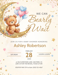 Teddy Bear White Joyful Baby Shower Flyer Invitation template