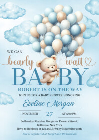 Teddy Bear with balloons Boy Baby Shower 7 A5 template