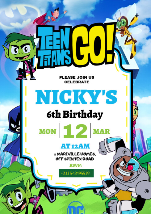 Teen Titans Go! Birthday Invitation A4 template