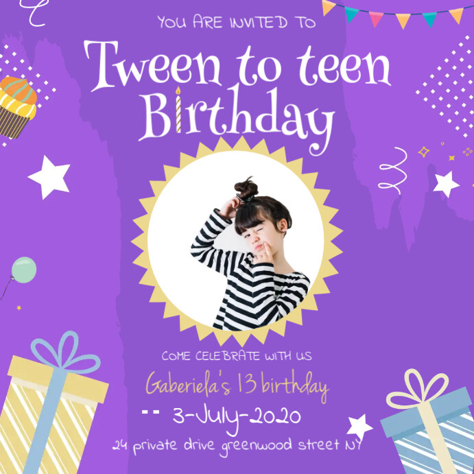 Teen to Tween Purple Birthday Invite Publicação no Instagram template