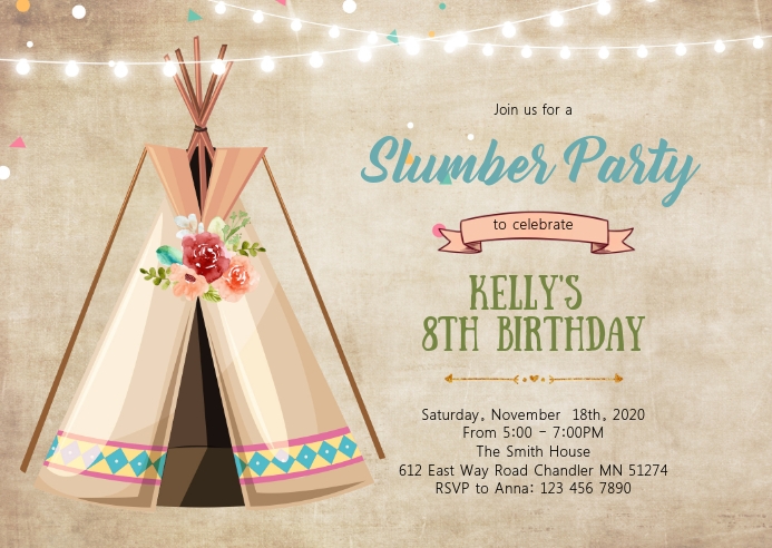 Teepee slumber birthday party invitation Template | PosterMyWall teepee-slumber-birthday-party-invitation-template-postermywall