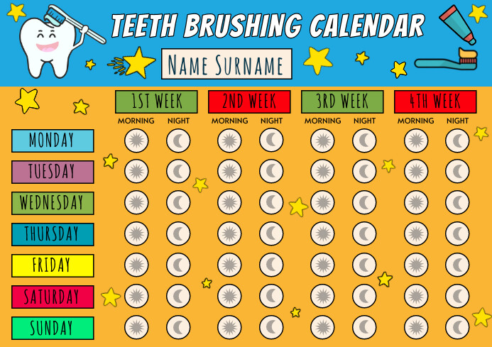 Teeth Routine Template Printable Teeth Brushing Calendar Free Printable Templa Template | PosterMyWall