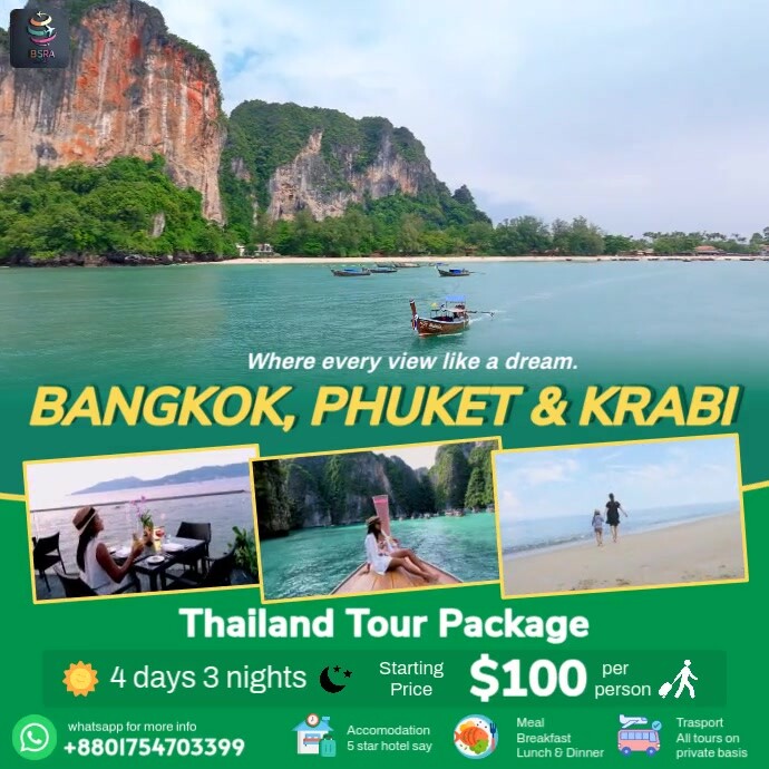 Thailand at Bangkok, Phuket &  krabi tour package ads design template Instagram Post
