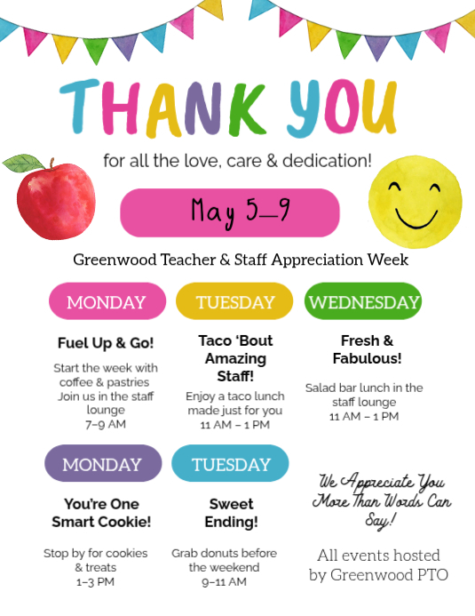 Modèle Thank You Theme Teacher Appreciation Week Itinerary Flyer ...
