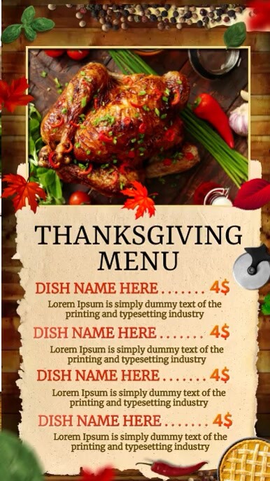 thanks giving, Thanks giving dinner menu Instagram Story template