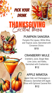 thanksgiving cocktail menu card Digital Display (9:16) template