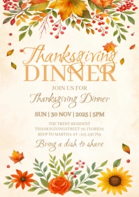 Thanksgiving dinner invitation with fall leaves A5 template