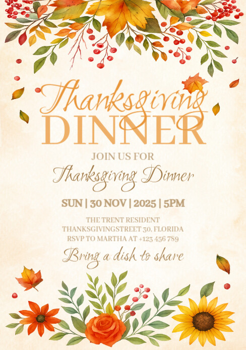 Thanksgiving dinner invitation with fall leaves A5 template