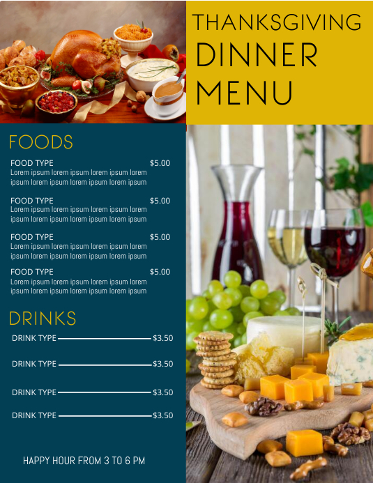 Thanksgiving Dinner Menu Template | PosterMyWall