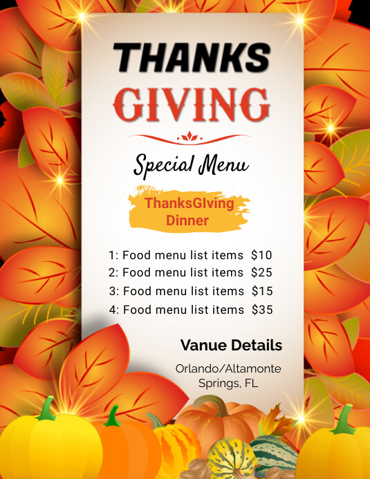 Thanksgiving dinner menu flyer post Template | PosterMyWall Thanksgiving dinner menu flyer post Template | PosterMyWall