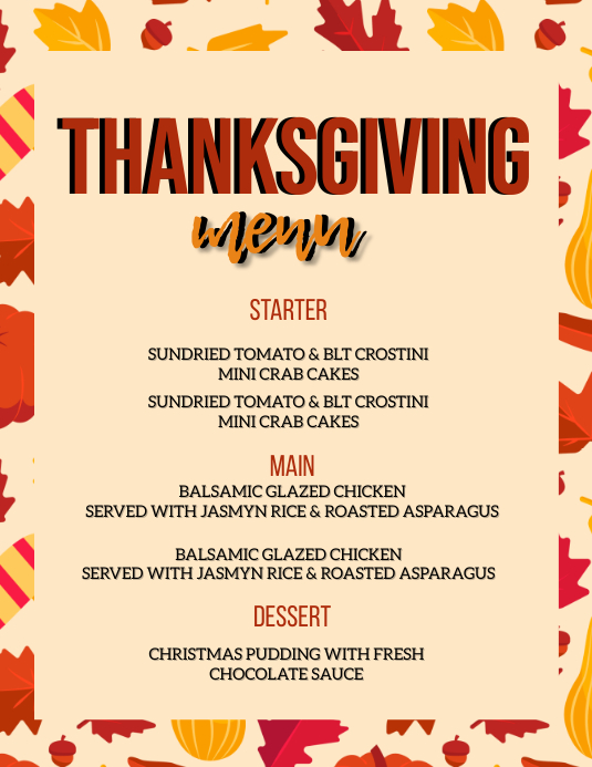THANKSGIVING DINNER MENU FLYER TEMPLATE | PosterMyWall