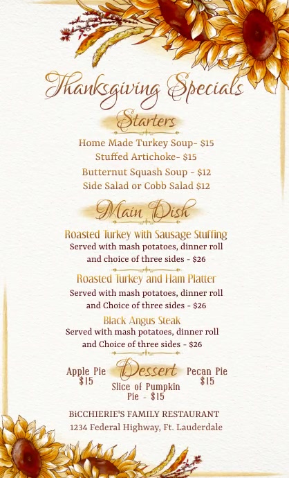 Thanksgiving Dinner Specials Modern Menu Format US Legal template