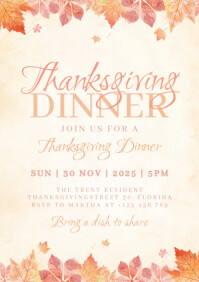 Thanksgiving dinner with fall leaves invitation A5 template