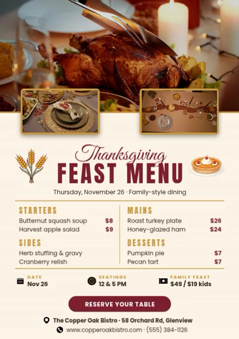 Thanksgiving Feast Restaurant Menu Template | PosterMyWall