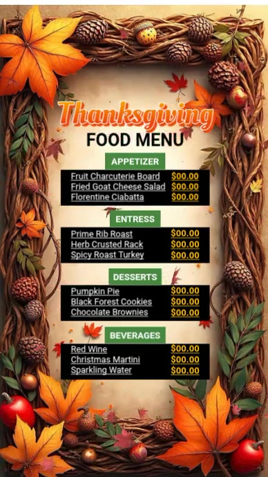 Thanksgiving Food Menu Template | PosterMyWall