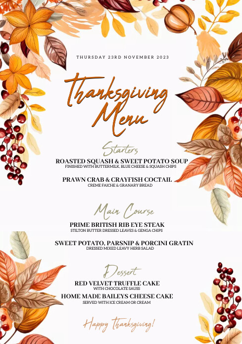 Normal Thanksgiving Menu THANKSGIVING HOLIDAY RESTAURANT MENU Template | PosterMyWall