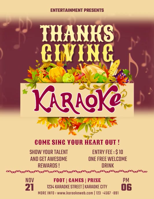 THANKSGIVING KARAOKE, THANKSGIVING LIVE MUSIC Flyer (US Letter) template
