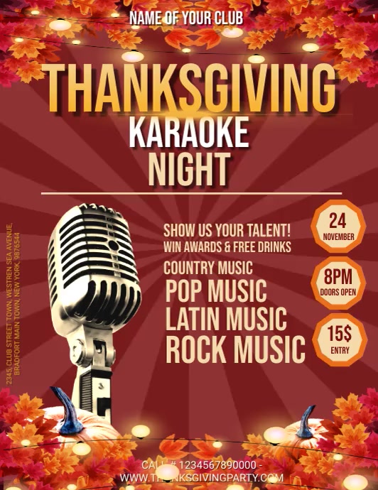 Thanksgiving Karaoke Flyer Folheto (US Letter) template