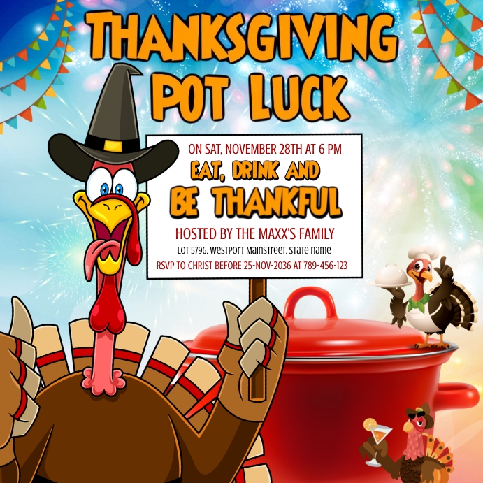 Thanksgiving Pot Luck Party Invitation Flyer Template | PosterMyWall