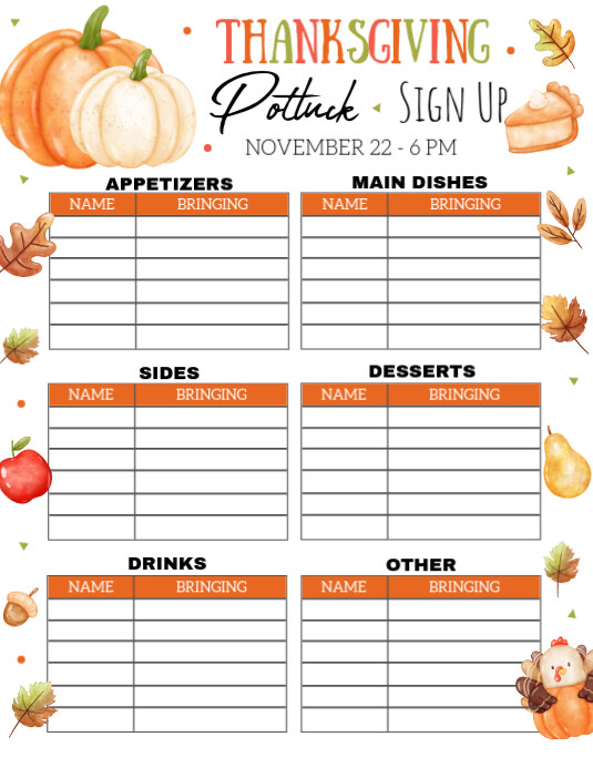 Thanksgiving Potluck Sign Up Sheet EDITABLE Template PosterMyWall