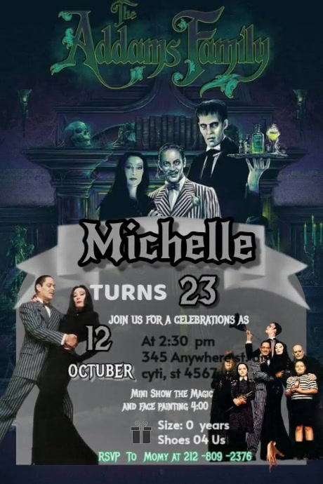 The addams family invitation happy happy Brithday party temple flayer editablet celebration kids Cartaz template