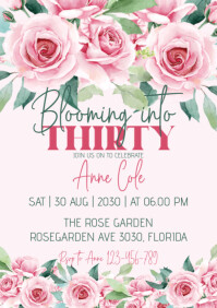 Thirty birthday pink flowers invitation A5 template