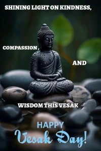 This visually calming Vesak Day poster features a beautifully sculpted black Buddha statue seated in Pinterest Graphic template