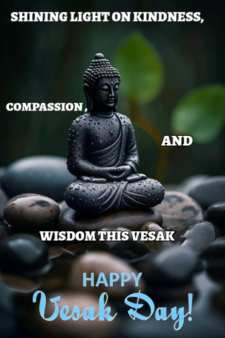 This visually calming Vesak Day poster features a beautifully sculpted black Buddha statue seated in Pinterest-grafik template