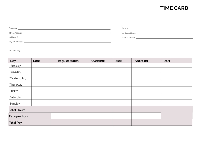 TIME CARD, JOB CARD, EMPLOYEE CARD A5 template