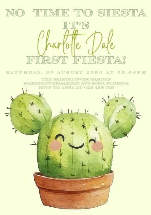 Time for A first siesta green cactus birthday invitation A5 template