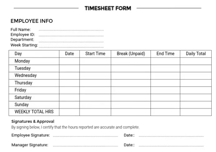 Weekly Employee Timesheet Form A4 Portraite template