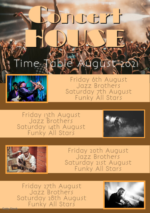 Concert Timetable Example Orange Concert Schedule A4 Template | PosterMyWall